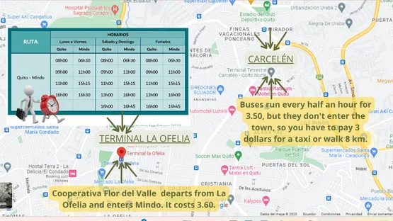 Map of La Ofelia bus terminal in Quito, departure point for Mindo